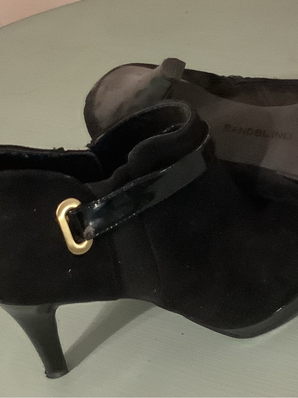 Bandolino Black Suede booty Heels with Gold Accent